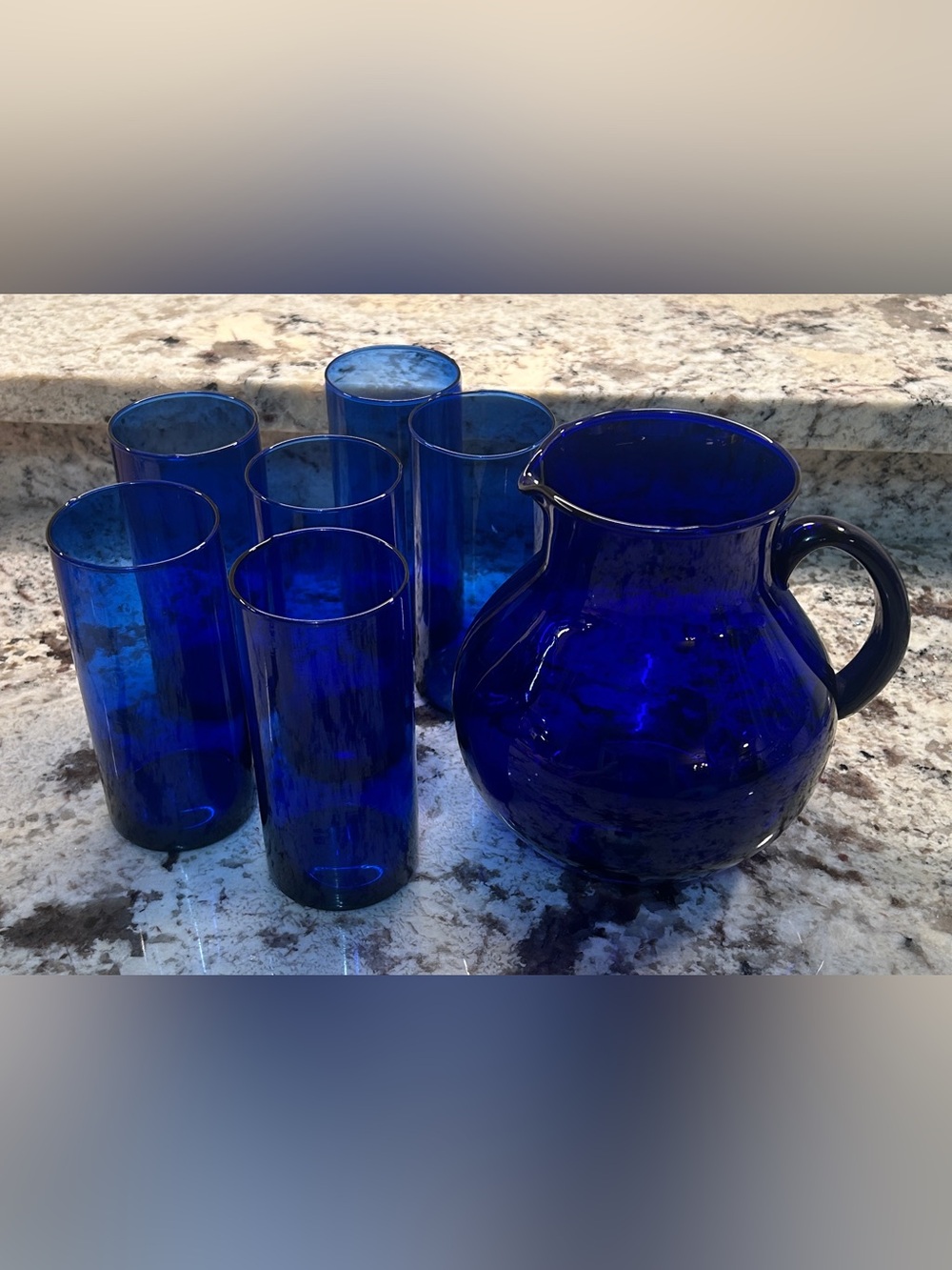Vintage Cobalt Blue Handblown Glass Pitcher & 6 Tumblers, Ice Tea/ Juice Set